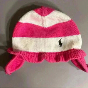 Ralph Lauren striped knit flower ruffled bow detail baby girl pink hat no flaws
